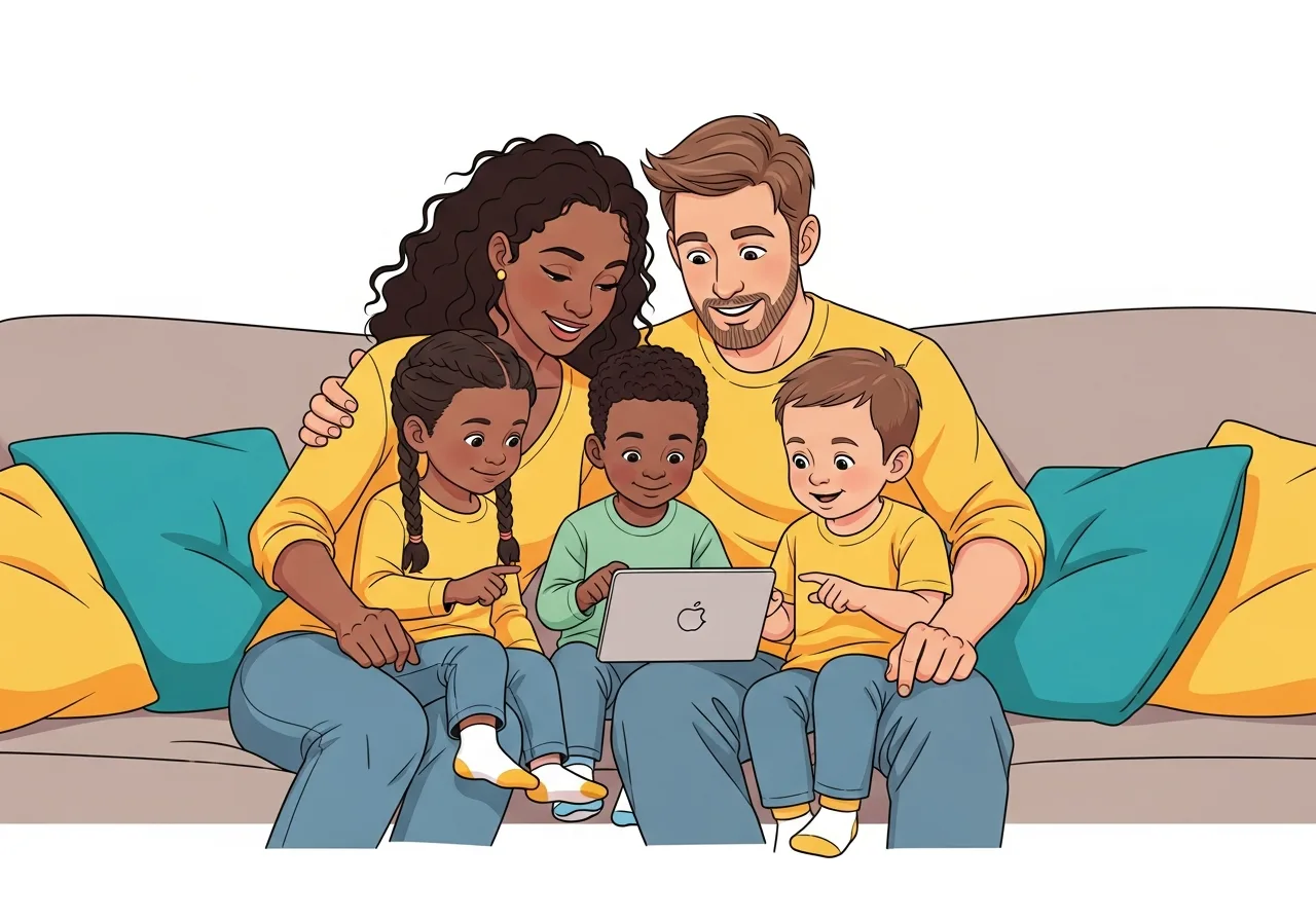 Diverse family learning about online safety together on a tablet