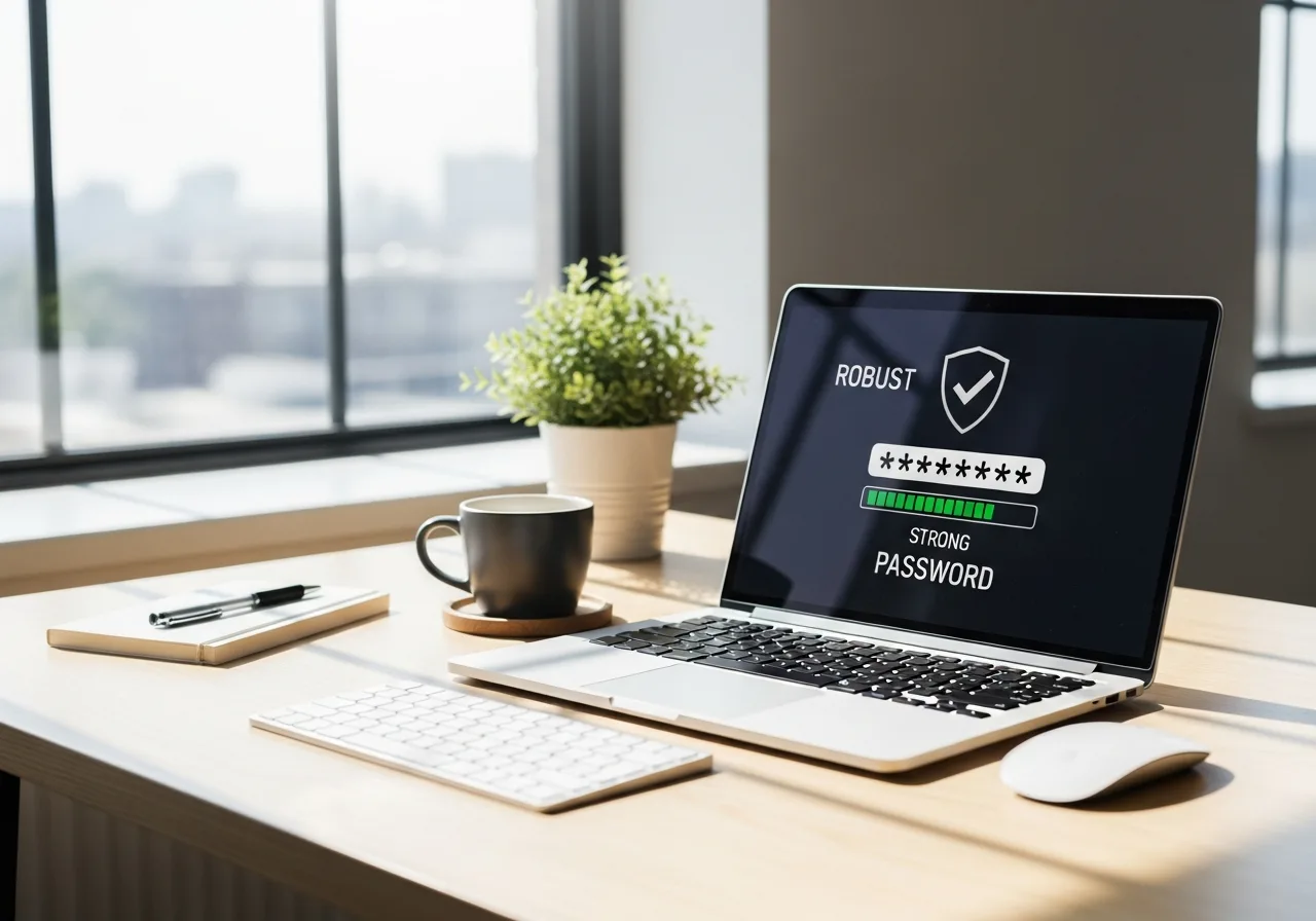 Modern workspace with laptop displaying security checkmarks and password generator in bright natural light